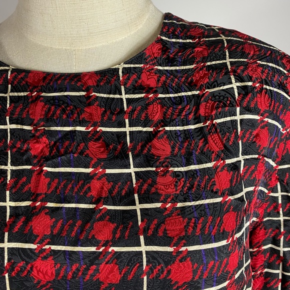 VINTAGE Silk Plaid Talbots Long Sleeve Blouse Holiday Red Black Purple Womens 14 - Picture 3 of 8